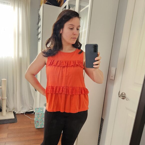 J. Crew Tops - J Crew Orange Red Size M Ruffles Embroidered Blouse